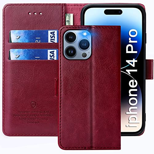 FMPCUON Cover per iPhone 14 PRO,Cover in Pelle iPhone 14 PRO,Flip Wallet Case Custodia in Pelle PU Premium,Slot per Schede,con Magnetica a Scatto per Apple iPhone 14 PRO,Rosso