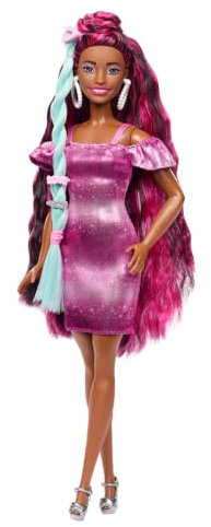 Barbie-Puppe, Spielzeug für Kinder, extra Lange, dunkelbraune Regenbogenhaare, Totally Hair, Kariertes Kleid im Colorblock-Stil, 11 Haar- und Modeaccessoires, HKT99