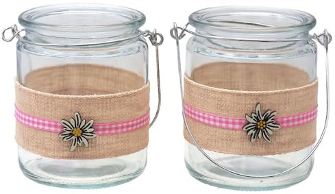 Windlicht Rosa Kariert Edelweiß Tischdeko Oktoberfest Teelichtglas 2 Stück