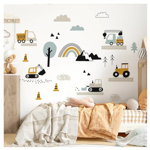 DEKO KINDERZIMMER Wandsticker Fahrzeuge Set Babyzimmer Kinderzimmer Auto Straße Transporte Wandtattoo Bagger selbstklebend Wandaufkleber DK1003-3