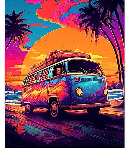 Bunte Sonnenuntergang Malen nach Zahlen für Erwachsene Anfänger DIY Digital Ölgemälde Kits auf Leinwand mit Pinseln und Acrylpigment, Tropisches Strandbus Muster für Heimdekoration 40x50cm(Rahmenlos)