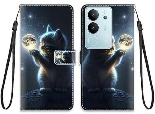 KARTXITAI Hülle Kompatibel mit VIVO V29 5G,Leder Handyhülle mit Kartenfach Geld Slot Ständer PU Ledertasche Wallet Flip Magnetische Muster Schutzhülle-Mondkatze,Himmel,Sterne