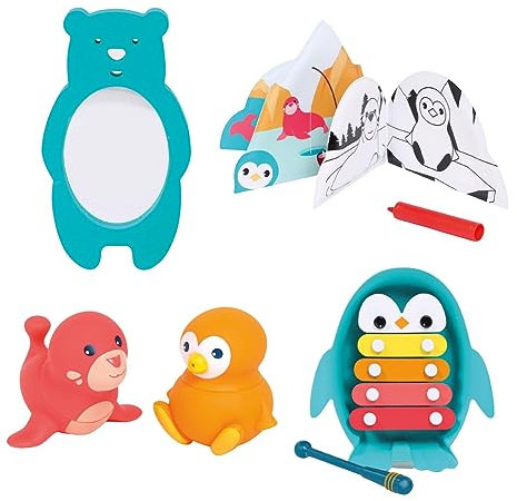 LUDI – Estuche de baño ártico – xilófono, Libro, Espejo, lápiz de baño y 2 rociadores – Juguetes de baño Puro para bebé – a Partir de 10 Meses