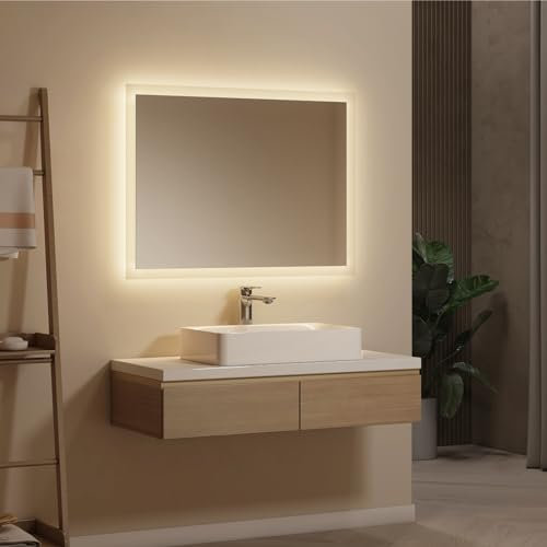 EMKE® Badspiegel Mit LED Beleuchtung 80x60cm Warmweiß 3000K Wandschalter Vertikal/Horizontal Montage Badezimmerspiegel IP44 Energiesparend