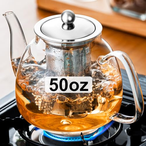 PARACITY Glass Teapot Stovetop 50 OZ/1500ml, Tea pot with Removable 18/8 Stainless Steel Infuser, Borosilicate Clear Tea Kettle, Teapot Blooming and Loose Leaf Tea Maker Tea Brewer for Camping, Travel