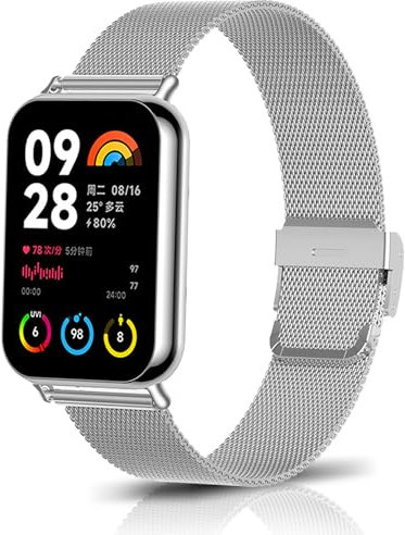 KoGiio Armband Kompatibel mit Xiaomi Mi Band 9 Pro/Smart Band 9 Pro/Xiaomi Mi Band 8 Pro/Smart Band 8 Pro, Männer und Frauen Atmungsaktiv Ersatzarmband,Gewebte Metall Uhrenarmband Silber
