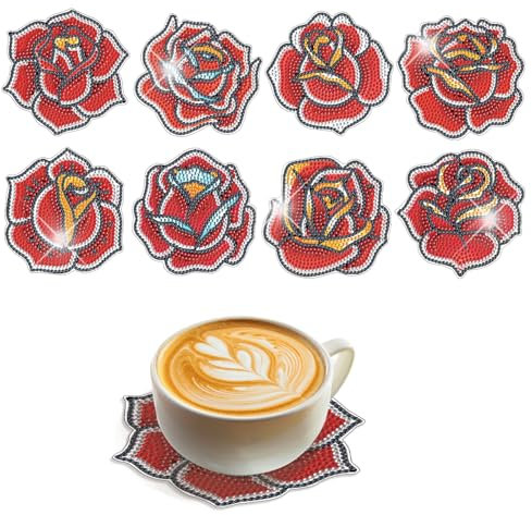 SHEGZHUC Diamond Painting Dessous de Verre Rose Lot de 8 Diamond Painting sous Verre Diamant Painting avec Support Broderie Diamant sous Verre Fleurs et Rose pour Café Tasses à Thé et Boissons