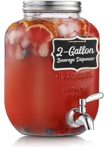 2 Gallon Glass Beverage Dispenser, 18/8 Stainless Steel Spigot and Lid - Glass Drink Dispensers for Parties - Mason Jar Drink Dispensers with Lids - Laundry Detergent Holder