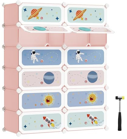 SONGMICS Scarpiera a 12 Scomparti per Bambini, Organizzatore Modulare ad Incastro in Plastica per Bambini, Guardaroba con Ante, 31 x 81 x 106 cm, Rosa Gelatina LPC907R01