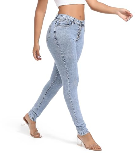 FISCLOSIN Womens High Waist Stretch Jeans 5 Button Push Up Butt Lifting Skinny Colombian Jeans,Light Snow Blue,Medium