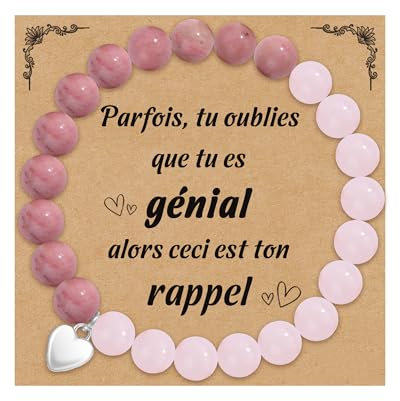 CheersLife Bracelet Pierre Naturelle Femme Bracelet Idee Cadeau Anniversaire Noel Bracelets Perle Original Cadeau pour Maman Fille Soeur Amie Ado Couple - Quartz Rose et Rhodonite