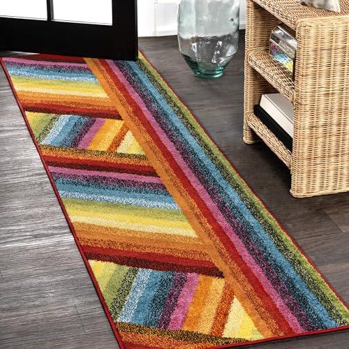 JONATHAN Y Retro Rainbow Stripe Multi Runner Rug 2x8, Contemporary, Casual, Coastal, Easy-Cleaning for Living Room, Bedroom, Kitchen, Pet Friendly, Non-Shedding (DZC102A-28)