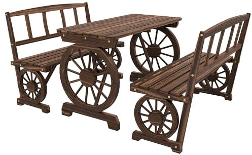 Outsunny Set da Giardino 3 Pezzi in Legno di Pino con 1 Tavolo da Esterno 115x55x71 cm e 2 Panchine 115x51x80 cm, color Carbonizzato