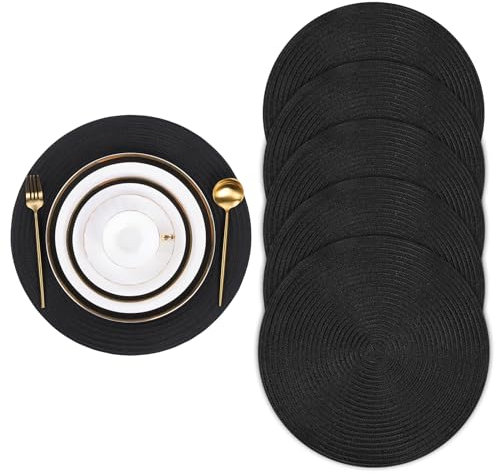 Pauwer Rund Tischset Platzset 6er Set, Geflochten Hitzebeständig Tischmatten Waschbare rutschfest Abwaschbar Platzdeckchen für Esszimmer, Küche, Hochzeit, Party, Schwarz