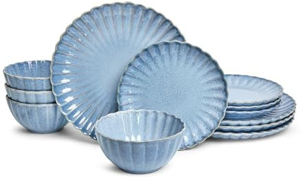 Sango Geschirrset aus Steingut, mit Rüschen, 12-teilig, Blau