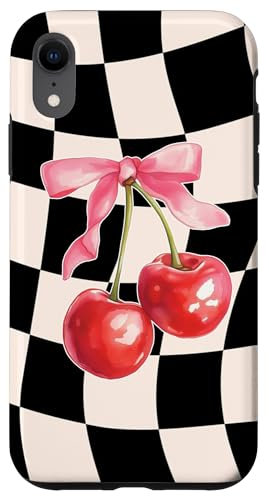 iPhone XR Coquette Cherry Bow On Beige Black Wavy Checkered Case