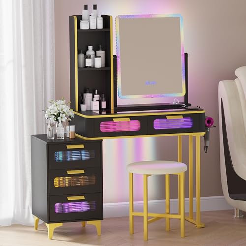 Gurexl Schminktisch mit Spiegel, RGB LED Schminktisch mit Hocker Beleuchtung Schubladen Glasplatte 5 Schubladen, Haartrocknerständer USB Type-C Schwarz