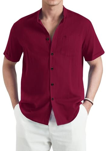 Enlision Mens Linen Shirts Short Sleeve Grandad Collar Shirt for Men Summer Beach Collarless Henley Top Button Down Cheesecloth for Wedding Holiday Red XXL
