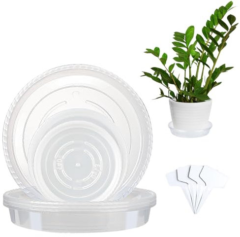 12Pcs Plant Saucers Transparent Plant Pot Saucers with Label, Waterproof Plant Tray , Deepened Flower Pot Drip Tray with Raised Dots Anti Root Rot for Indoor Outdoor Garden Plants (13cm/15cm/23cm)