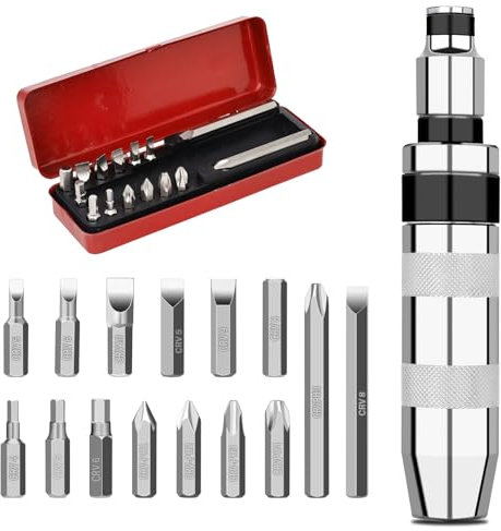 1/2 Hand Impact Screwdriver, Reversible Manual Impact Driver Includes 15 Pcs CR-V Slotted, Phillips, Hexagonal Bits Set for Removing Rusted Fasteners, Stubborn Bolts
