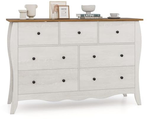 COSTWAY Kommode mit 7 Schubladen, Sideboard im Landhausstil mit klappbaren Stoffschubladen, Aufbewahrungsschrank aus Holz, Schubladenschrank für Wohnzimmer, Schlafzimmer (Grau)
