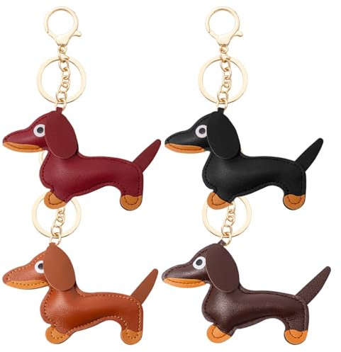 Sxutop Dackel Schlüsselanhänger 4 Stück Schlüsselanhänger Dackel Hund aus Leder PU Dackel Anhänger in 4 Farben Süße Taschenanhänger Dackel für Handtasche Rucksack Dekoration Schmuck