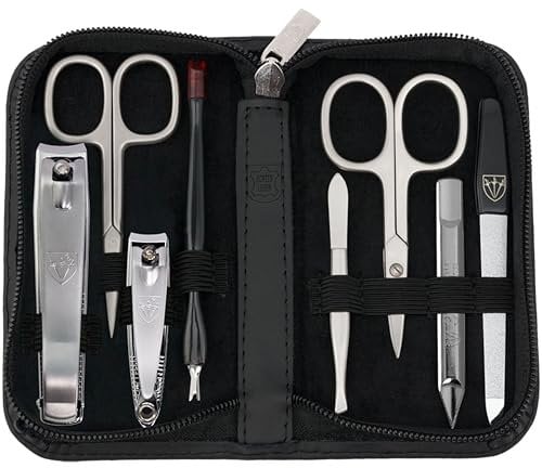 3 Swords Germany - brand quality 8 piece manicure pedicure grooming kit set for professional finger & toe nail care scissors clipper genuine leather case black in gift box - Made by 3 Swords