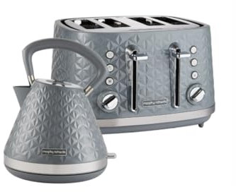 Morphy Richards Vector Kettle and Toaster Set, 1.5l Vector Rapid Boil Pyramid Kettle, 4 Slice Vector Toaster, Matching Set, Grey, 108135/248135