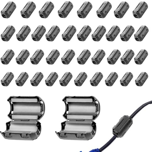 UQTUKO Ferritkerne für Kabel, 40 Stück Entstörfilter Klappferrit 3.5/5/7/9mm Mantelwellenfilte Ferrit Ring Aufsteckbarer Ferritfilter Clip für USB-Kabel, Audio,RFI, EMI, Schwarz