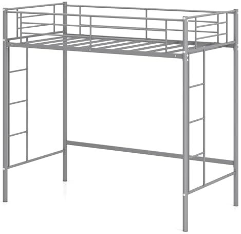 Multigot Metal Bunk Bed, 2 Ladders Single Loft Bed Frame with Safety Guardrail, Space-saving High Sleeper for Kids Teens Adults (Silver)