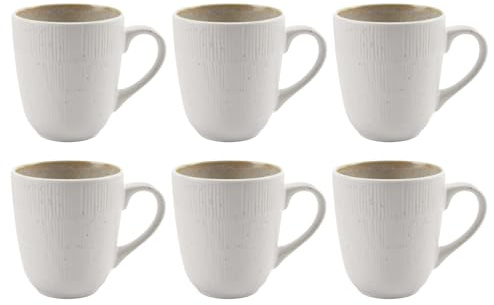 Home4You Kaffeetassen - 300 ml - Beige - Weiß - Steingut - mit linienförmiger Reliefprägung - 6er Set