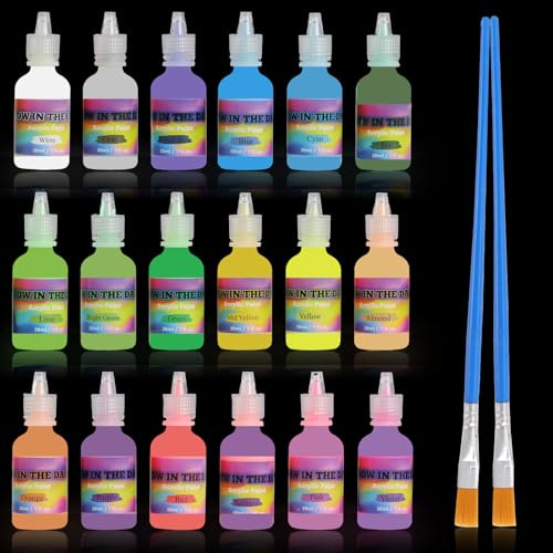 Fluoreszierende Farbe, 18x30ml Leuchtfarbe Acrylfarben Neon mit 2 Pinsel Schwarzlicht Farbe Glow in the Dark Nachtleuchtende Farben für Halloween Karneval Weihnachtsdekoration