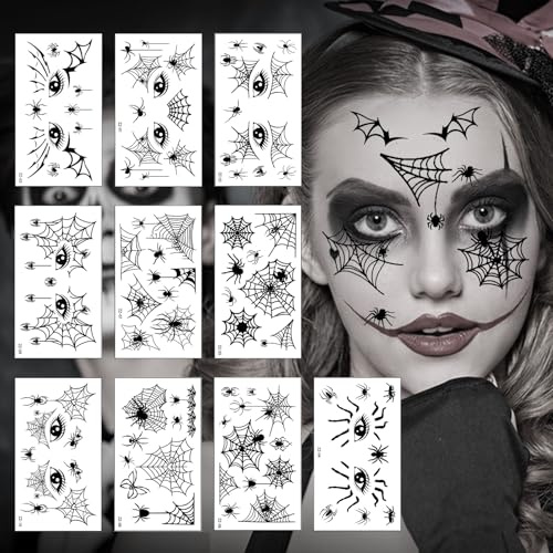 10 Blatt Gesichtstattoo Karneval Spinnen Fledermaus Tattoo Gesicht Fasching Tattoo Vampir Hexen Zubehör Schminke Aufkleber Motive für Erwachsene Kinder für Karneval Masquerade Karneval Party Fasching