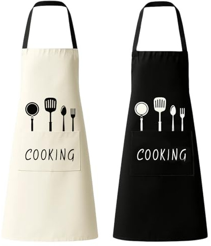ZocRjvN 2er Set Kochschürzen Mit Taschen, Kittelschürze Damen, Kochschürze Damen, Schürze Frau Für Küche, Restaurant, Café, Kochen, Backen, Gartenarbeit, Kunsthandwerk, Weiß Und Schwarz