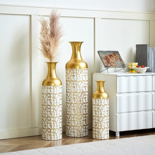 FammyLoft Metall Bodenvase Groß Set 3, Vintage Floor Vases, Weihnachten Weiß Gold Vase, Pampas Branch High Decorative Bodenvase Living Room Bedroom, Large -83/65/50cm High, Home Decoration