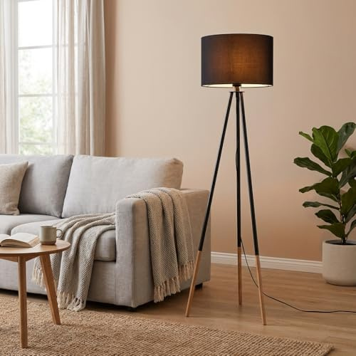 BARCELONA LED Lampadaire avec Tablette Intégrée et Trépied Mandi, Lampadaire de Salon Moderne et Vintage, Abat-jour en Tissu Noir, Trépied en Bois et Aluminium, Douille E27, Idéal Lecture