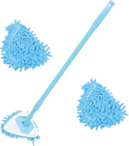 PACKOVE Mini Telescopic Triangle Mop Set 180° Rotation Blue Small Floor Mop for Wood and Hard Floor Cleaning and 2 Replacement Heads Household Wet and Dry Cleaning Tool