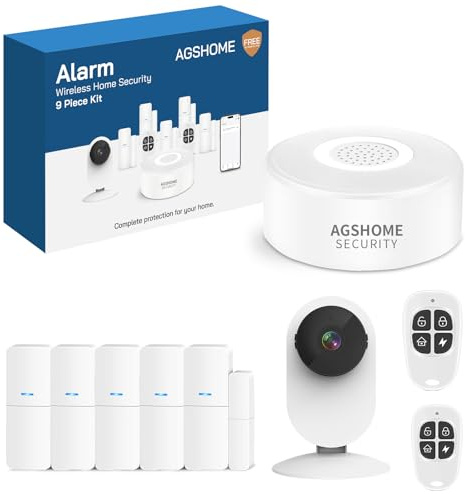 AGSHOME WLAN Alarmanlage Haus 9-teilig mit Kamera, Smart Life App Steuerung, 120dB Sirene, 5 Tür/Fenster Sensoren, 2 Fernbedienungen, Erweiterbares Sicherheitssystem für Wohnung, Garage, Büro