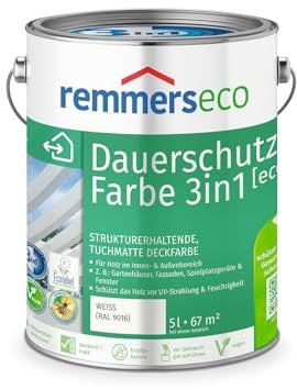 Remmers Vernice ad olio eco bianc (RAL 9016), 5 litri, pittura ecologica a base d'acqua per legno all'interno e all'esterno, 3 vernici ecologiche in uno, fondo isolante e intermedio e finitura