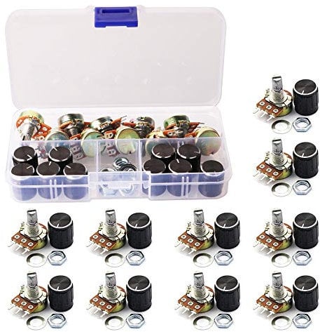 GTIWUNG 10 Stk. Linear-Potentiometer, Potentiometer Mono Linear B10K, Einzelpotentiometer, WH148 3Pin Dreh-Potentiometer mit Muttern und Unterlegscheibe, Schwarzer Drehknopf Cap aus Aluminiumlegierung