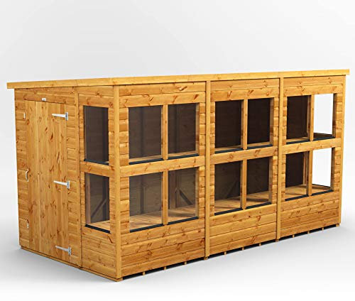 POWER High Grade Premium Pent Potting Greenhouse Wooden Shed with Security Features, PVC Window sills, Door & Window Flexibility, made from 12mm Extra Thick Timber & Toughened Glass
