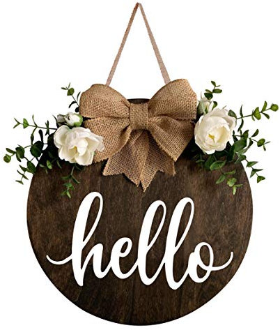 MayAvenue Hello Wreaths Dekoschild Haustür, rundes Holzschild zum Aufhängen mit Schleife und künstlichen grünen Blättern, Bauernhaus-Veranda-Dekorationen für Zuhause, Erntedankfest, braun