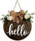MayAvenue Hello Wreaths Dekoschild Haustür, rundes Holzschild zum Aufhängen mit Schleife und künstlichen grünen Blättern, Bauernhaus-Veranda-Dekorationen für Zuhause, Erntedankfest, braun