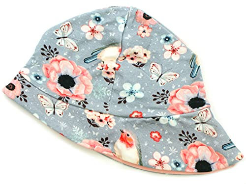 Kleine Könige Sonnenhut Sommer Mütze Baby Mädchen · Modell Blumen Vogel Birds grau · Ökotex 100 Zertifiziert · Größe 110/116
