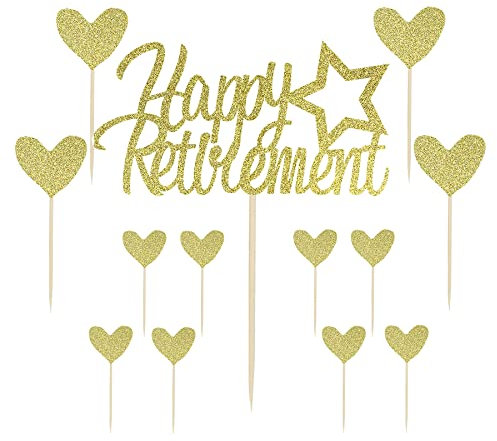 Siipoo Gold Glitter Happy Retirement Cake Toppers with Heart Cupcake Toppers Retirement Theme Party Cake Decoration Supplies - Pack of 13