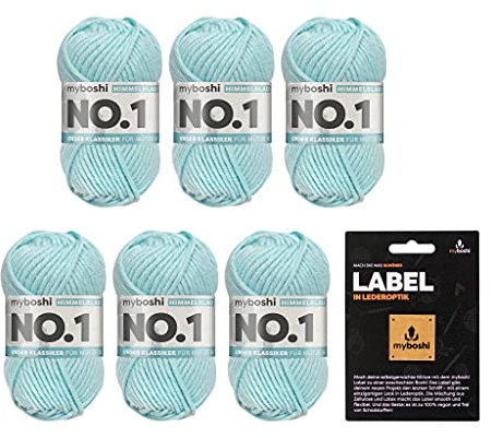 myboshi No.1 Wolle zum Häkeln und Stricken, Schnellstrickgarn, langlebige Mützenwolle, Strickwolle, Häkelwolle, mulesing-frei, Ll. 55m /50g, 30% Wolle (Merinowolle) Blau (Himmelblau) 6 Knäuel