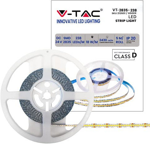 V-TAC Striscia Led da Interno SMD 2835 18W - 5 Metri - Striscia LED Adesiva per Casa, Cucina, Camera, Ambienti Interni - Luce Bianca Naturale 6500K - Strisce LED Alta Luminosità - 24 Volt