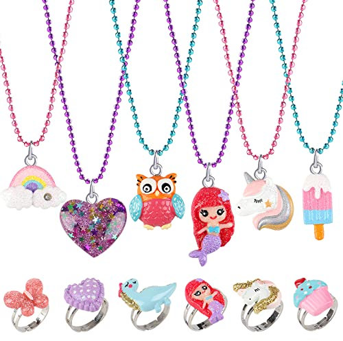 Deratta Kinderschmuck Mädchen 12 Stück Halskette und Ringe Regenbogen Einhorn Meerjungfrau Party Mitgebsel Kindergeburtstag Gastgeschenke Kinder Ringe Halskette Schmuckset für Mädchen