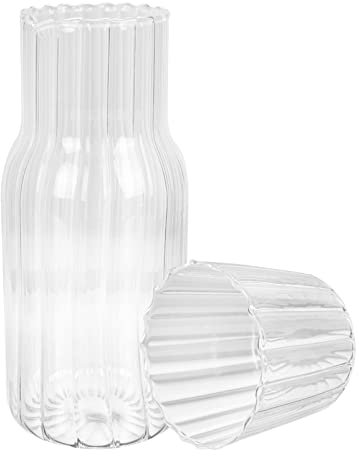 Nachttisch- Wasser- Karaffe Und Glas- Set für Nachttisch 17 Oz- Streifen Nacht Wasserkaraffe mit Becher Klare Glaswasserkrug Und Tasse für Wasser Eistee Saft (500Ml)