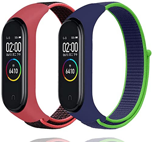 Keecuty Cinturino in Nylon per Xiaomi Mi Band 6/5/4/3 Cinturino in Nylon Regolabile Cinturino di Ricambio Compatibile XiaomiMi Band 6/5/4/3 per Donna Uomo (Nero rossastro + Lime Green)